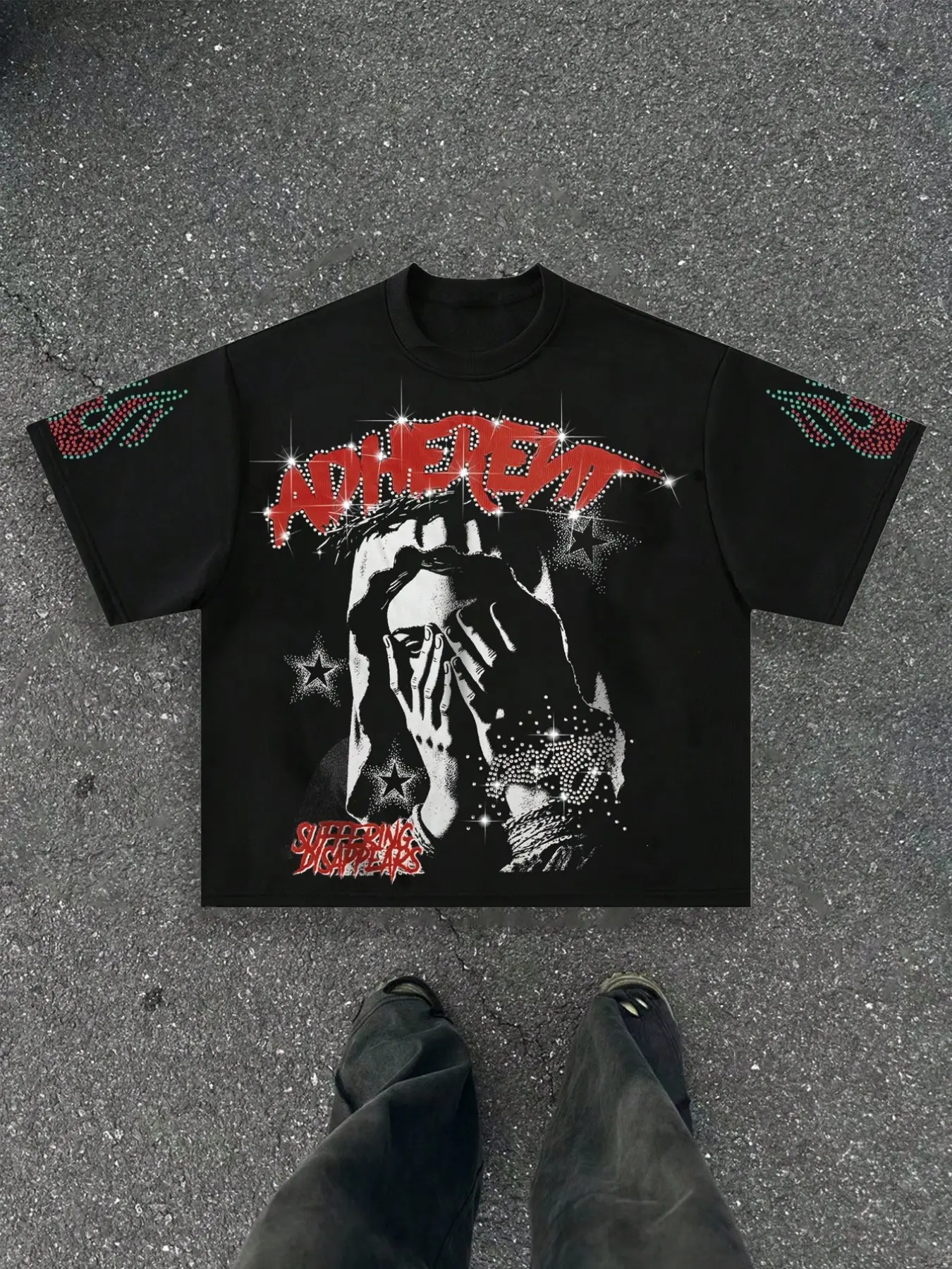 Unisex Adherent Rhinestone Loose T-Shirt, Religious Figure Print, Rhinestone Letters, Soft Fabric, Gothic Hip-Hop Style, Casual