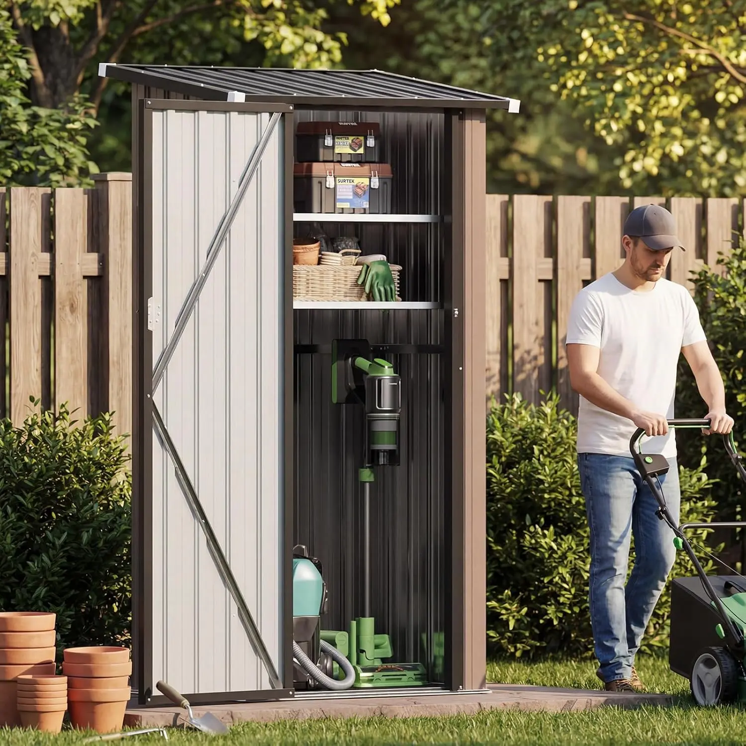 Aoxun Metal Outdoor Storage Shed with Stable Floor Base, Vertical Cabinet with 2 Adjustable Shelves & Lockable Doors, Waterproof Small Unit That Locks Your Tools for Backyard, Garden, Indoor/Outdoor Use, Brown Organize