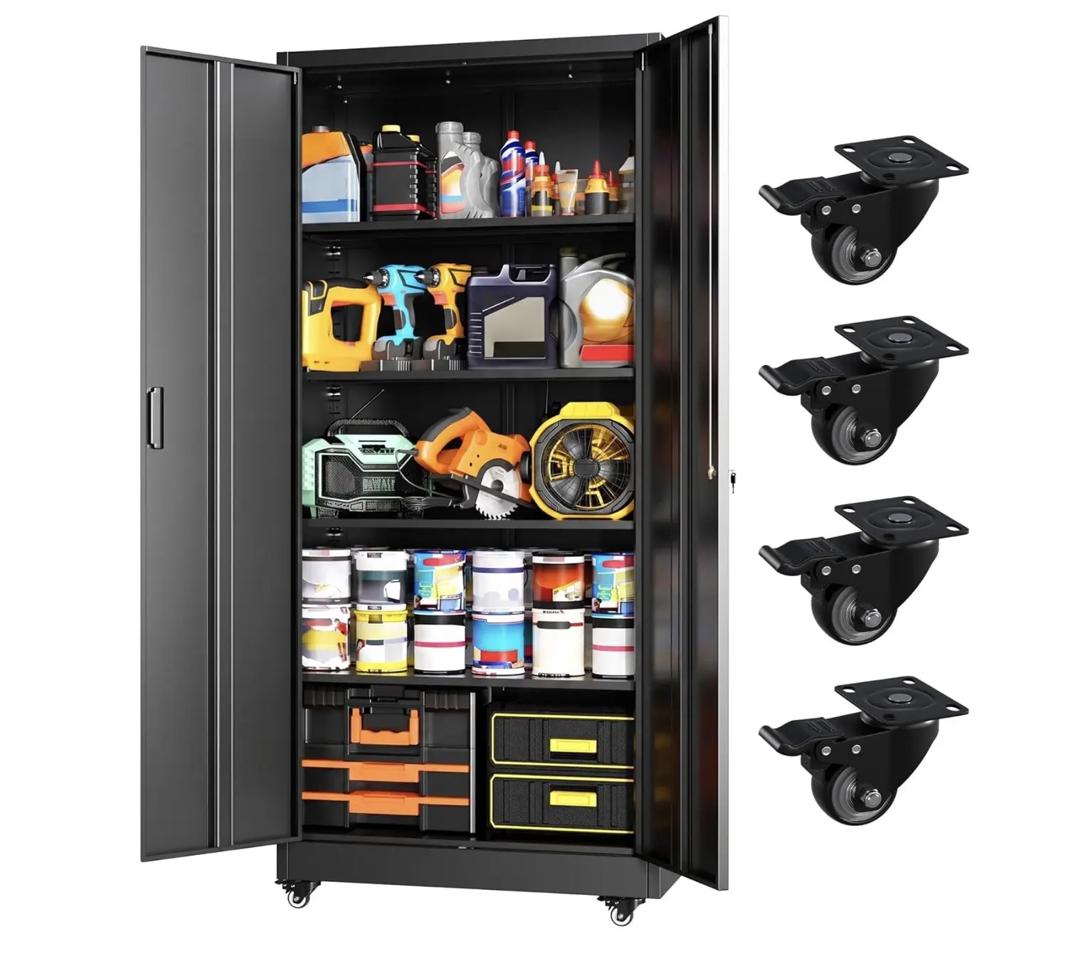 INTERGREAT Metal Storage Cabinet with Wheels, 73" Garage Storage Cabinet with Door and 4 Shelves, Tool Cabinet on Caster for Home, Office, White#Summervibes