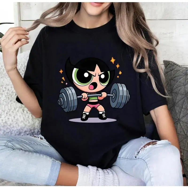 Powerpuff Girls Bubleess Vintage Gym Graphic T-Shirt Fitness Workout Weightlifter Bodybuilding Cartoon Print Tee Crew Neck Short Sleeve Casual Streetwear Unisex Cotton Top Birthday Gift Holiday Gift