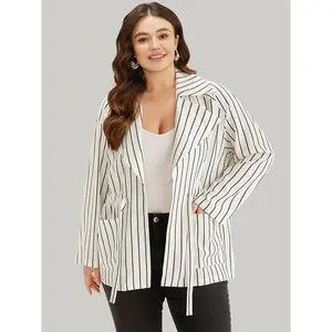 【Pocket Approved 】BLOOMCHIC Striped Suit Collar Drawstring Patched Pocket Coat 2026 Summer Vibes Swimweek