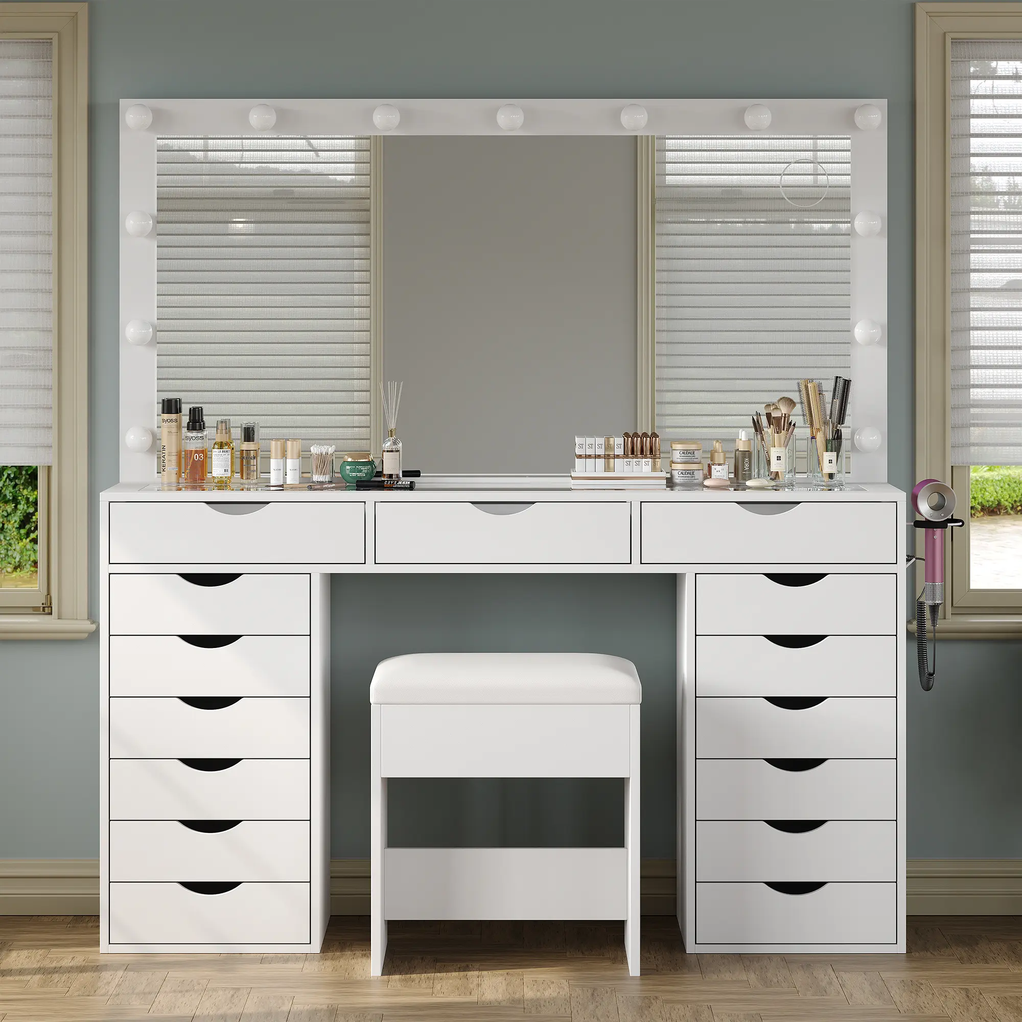 FUSOU 55"W Modern Makeup Vanity Table - Bedroom Decor Furniture for Room with 15 Storage Drawers, Power Outlet, LED Lights Mirror, 3 Lighting Modes, Chair, Shipped in 2 Packages for Makeup Organization,dorm essentials,home decor