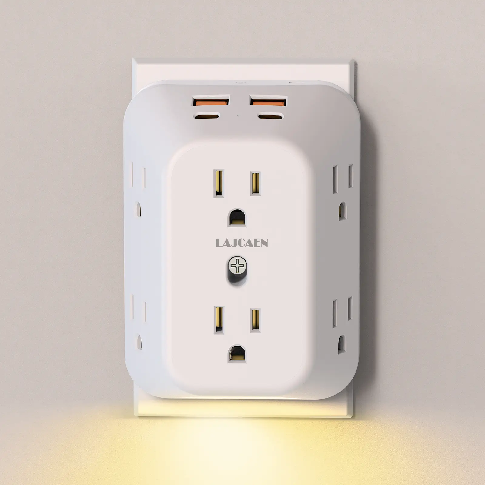 Mountable Surge Protector Multiplug Wall Charger - 6 Extension Sockets, 2 Type C & 2 USB Plug In Ports, 3-Sided 1050J Protection, 3-Brightness Sensor Night Lights, Multiple Sockets Fast Charging Station for Home Office