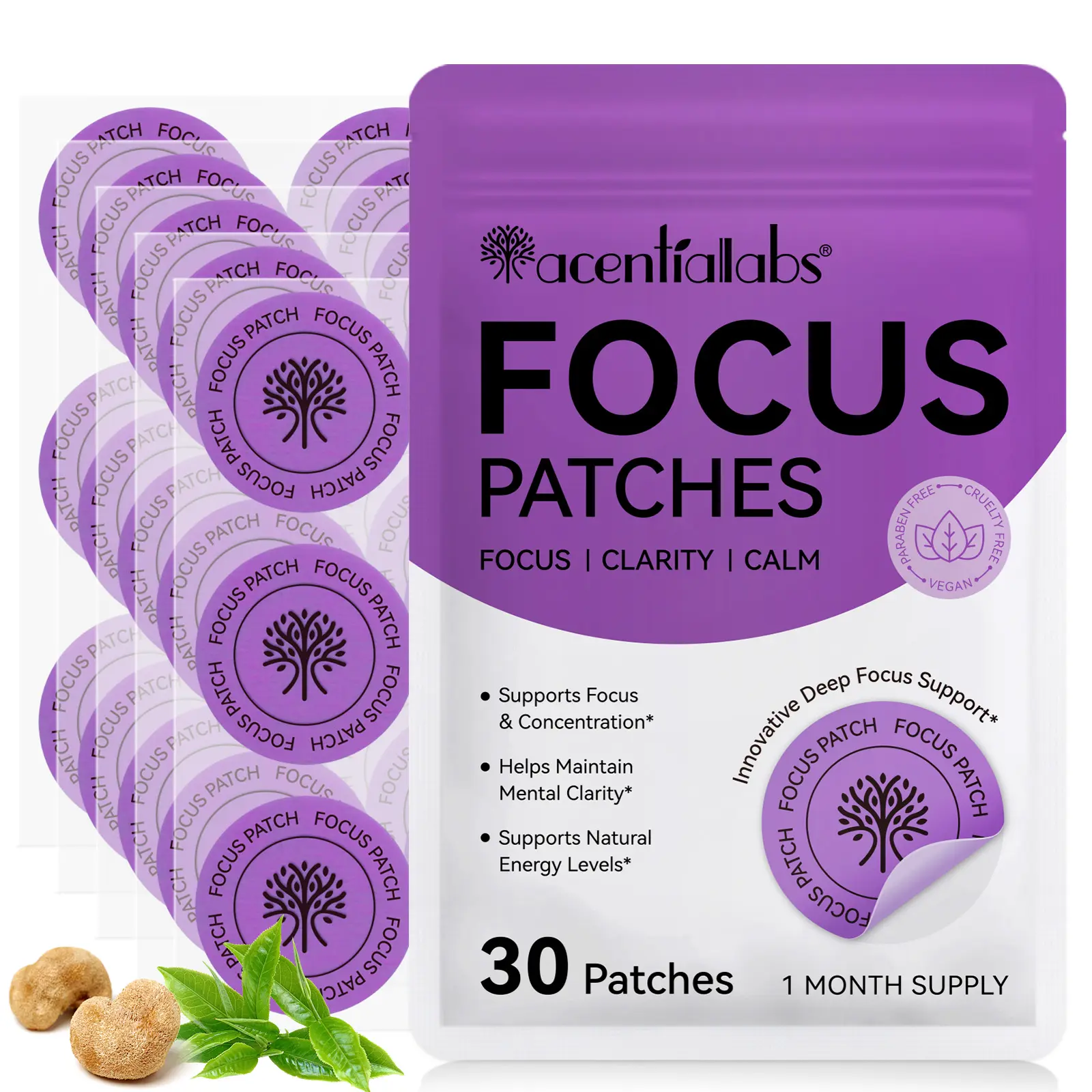 Acentiallabs Focus Patches for Adults 30 Count 1 Month Supply Natural Attention and Concentration Support Patch Waterproof Biodegradable Invisible Wearable for Work Study and Productivity