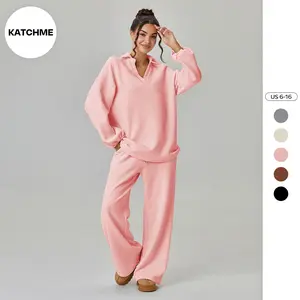 KatchMe Women's Soft Solid Color V-Neck Loose Textured Pullover & Drawstring Waist Trousers Co-ord Set & Separates, Versatile Outfits Daily Wear
