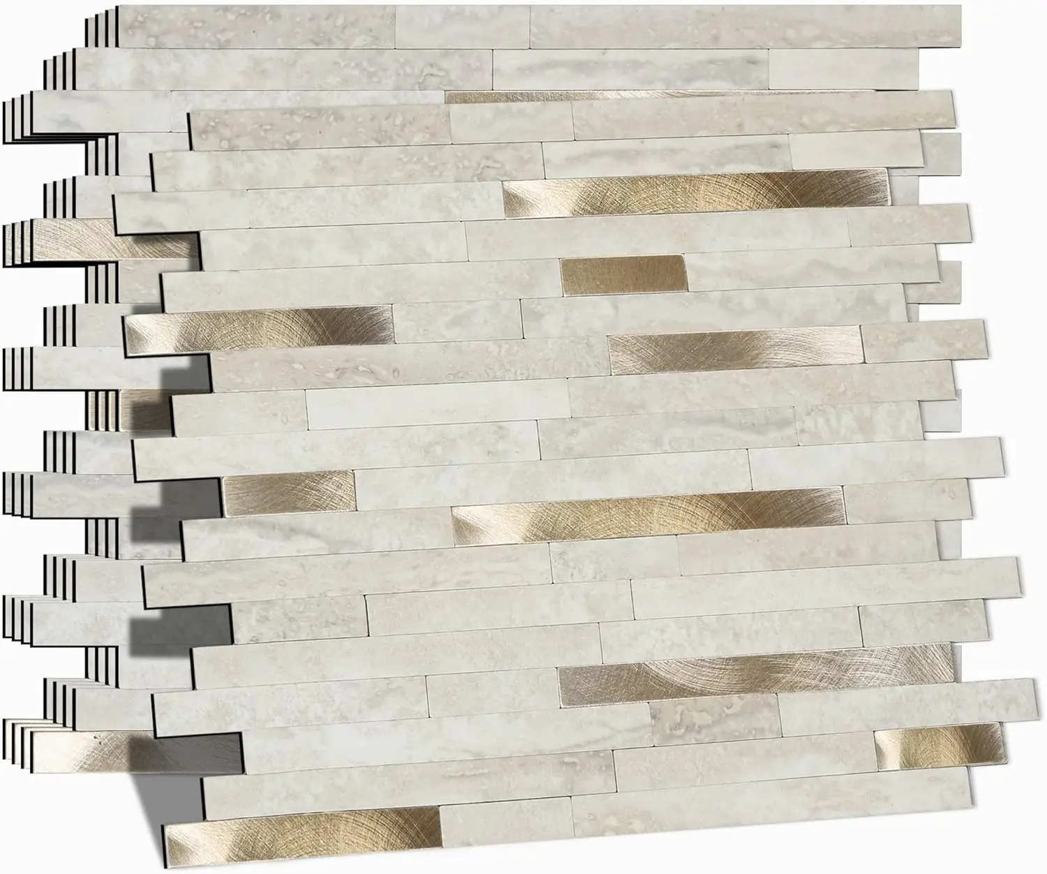 Peel and Stick Backsplash for Kitchen, Self-Adhesive Metal Gold Beige Marble Subway Tiles Decorate Kitchens Bathrooms Laundry Fireplaces, 10-Sheets sohochic