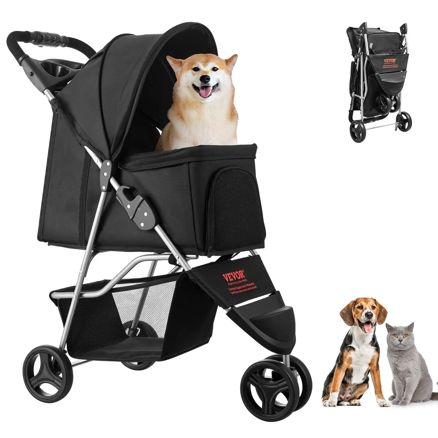 【SummerFinds】VEVOR Pet Stroller,  35 lbs Weight Capacity, Foldable Dog Stroller Cart, 3 Wheels Cats Stroller with Mesh Windows and Cup Holders, Portable Pet Carrier Stroller with Brake, for Small to Medium Pets