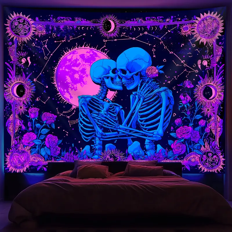 UV-Reactive Gothic Romance Trippy Rose Flowers Tapestry Wall Hanging - 1pc Skeleton Couple Design, Wrinkle-Resistant Peach Fabric, Glow in the Dark Under Blacklight (No Electricity), Fantasy Aesthetic Room Decor for Halloween Parties