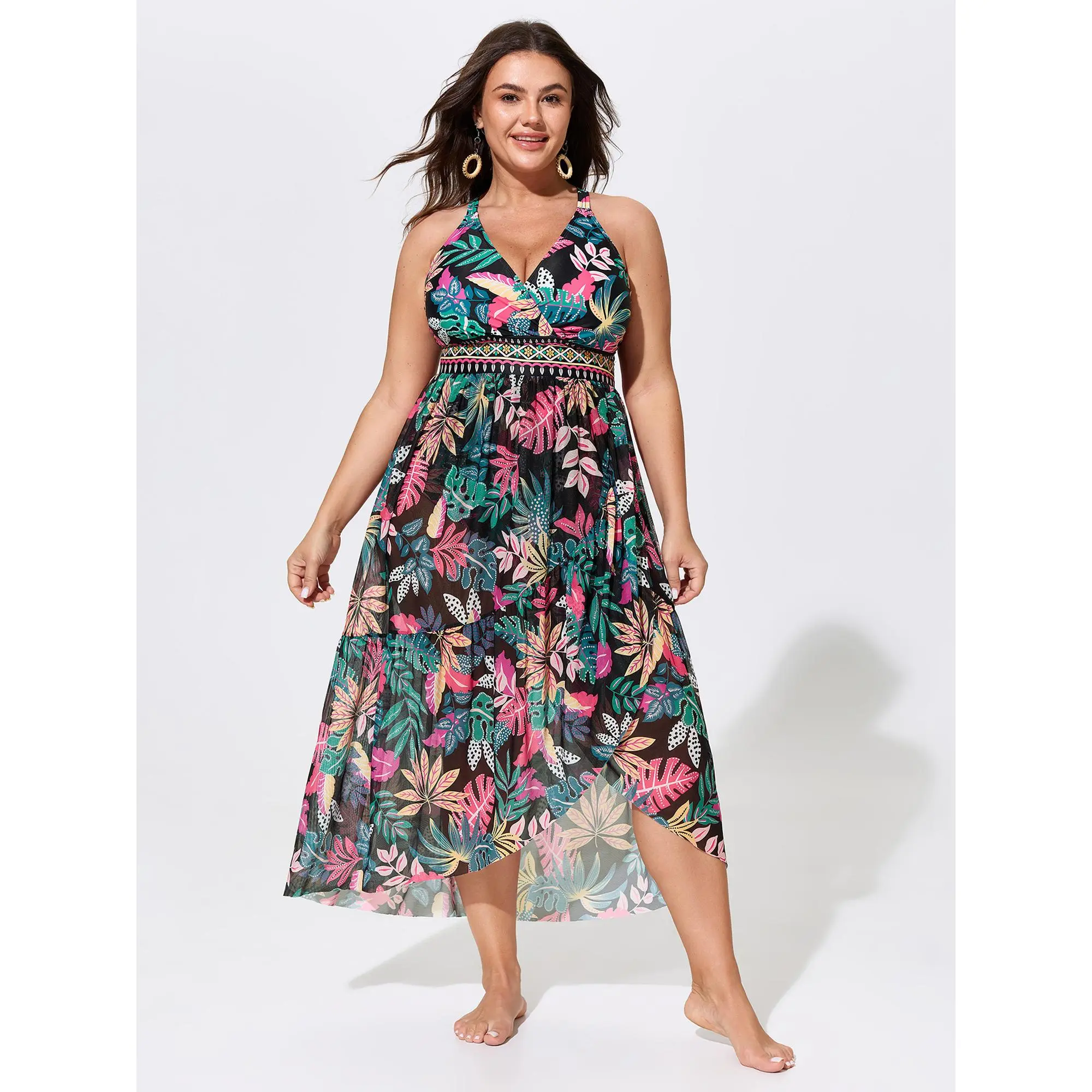 BloomChic Plus Size Sarong Set Tropical Print Mesh One Piece Swim[M-6X]2026 Summeroutfits,Summerfinds