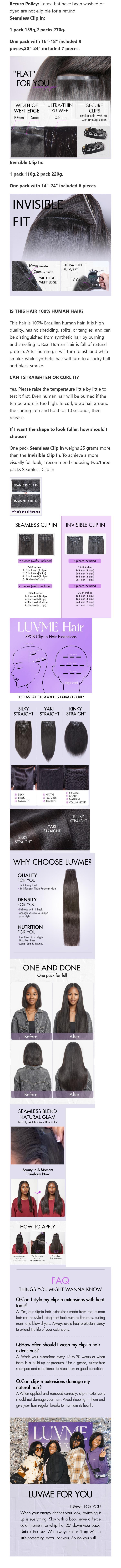 [LIVE]LUVME 100% Virgin Human Hair Extensions Seamless & Invisible Edge Kinky Curly, Burmese Messy Curl Clip-In