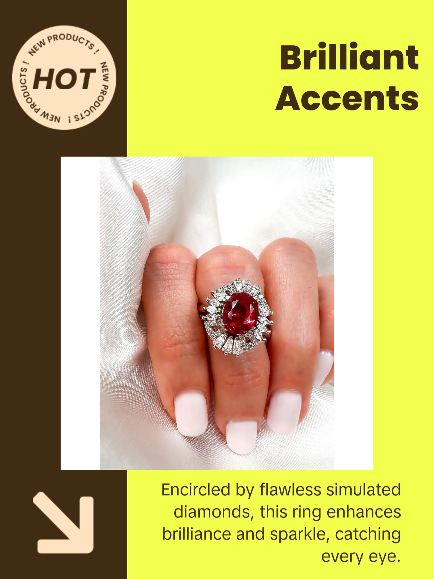 2 Ct Oval Cut Ruby Statement Silver Ring, Size 8.25