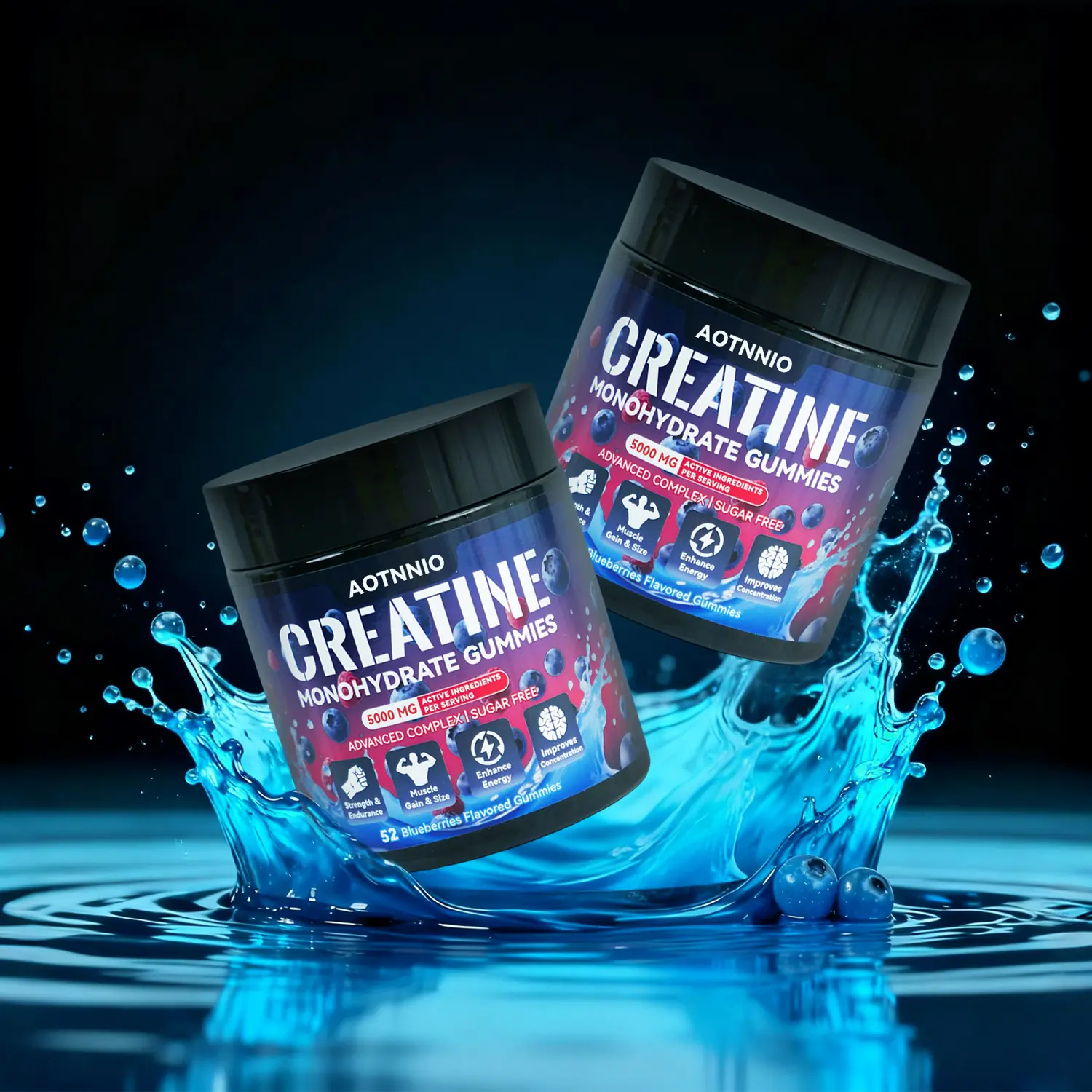 Creatine Monohydrate Edible Chewable Gummies Dietary Supplement - Blueberry Flavor, Fitness Support, Muscle Support for Men and Women