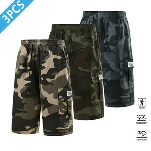 Men’s 3-piece camouflage cargo shorts set featuring a multi-pocket design + trendy prints that are wrinkle-resistant and waterproof + lightweight and breathable for travel and casual wear, available in three colors; street-style cool-kid essential