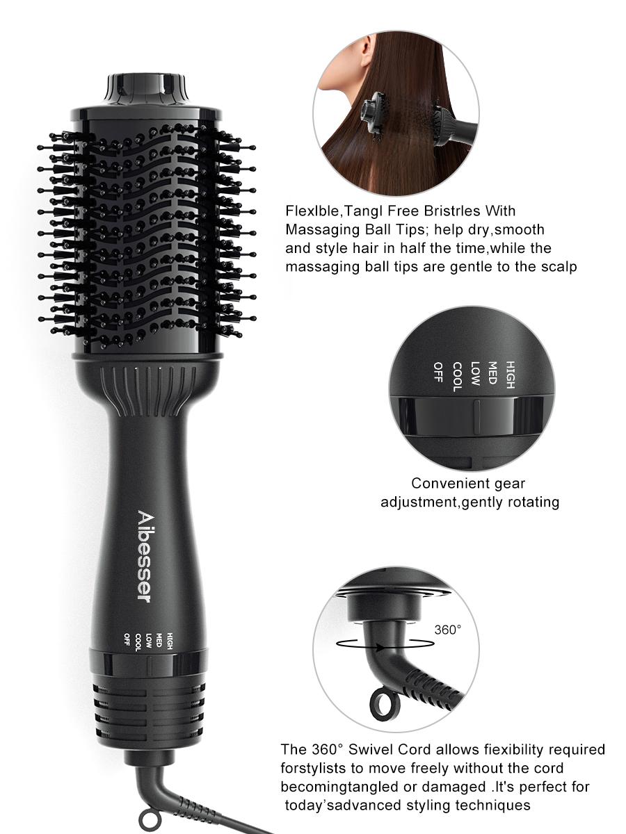 Aibesser 4-in-1 Dual Voltage Hot Air Handle Volumizer Hair Dryer Straightener Curler with Ceramic Tourmaline Ionic Curling Brush Lightweight Plug，Dryer/Curler/Straightener/Scalp Massager, Anti-Scald Bristles, Intelligent Heat Control, Cold & Hot Air Cycle