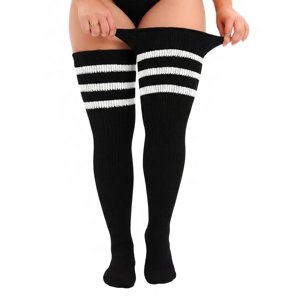 Women's Plus Size Extra Long Thigh High Socks, Striped Over the Knee Knit Stockings with Adjustable Anti-Slip Garter Straps, High Stretch Thick Thigh Highs for Cosplay & Daily Wear