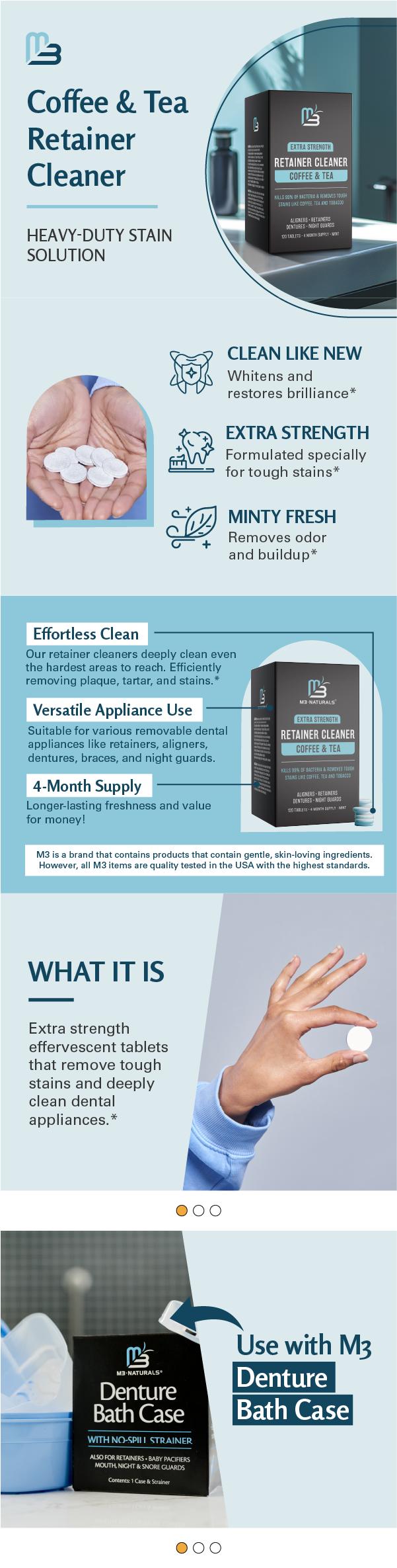 M3 Naturals Coffee & Tea Retainer Cleaner Tablets - Daily Oral Cleansing & Whitening -Removes Odors, Stains & Plaque on Denture Aligner 4 Month Supply