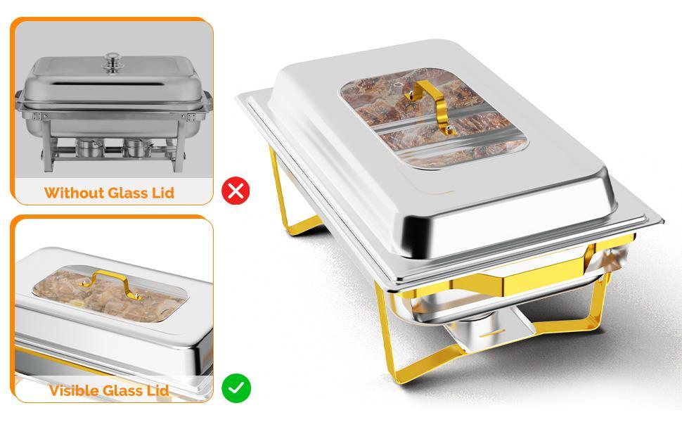 ROVSUN Gold Chafing Dishes for Buffet, 9QT Chafing Dish Buffet Set with Glass Lid, Stainless Steel Buffet Servers and Warmers with Folding Frame & 3 1/3 Size Pan for Parties Weddings Catering Events