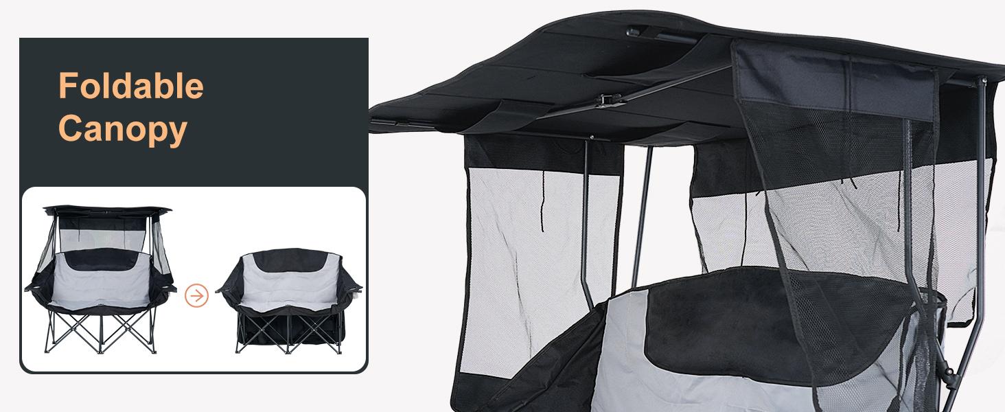 MOPHOTO XXL Double Camping Chair with Shade Canopy, Fully Padded Folding Camping Loveseat , Oversized Camping Bench Lawn Chairs Patio Lounge Chairs for Adults