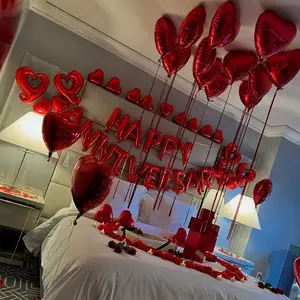 Anniversary Decorations Set: Happy Anniversary Banner, Red Felt Garland, and Heart Balloons Ornaments