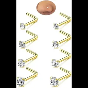 8Pcs 18G 20G 22G Nose Rings Studs Set for Women Men - Hypoallergenic Gold/Silver 316L Surgical Stainless Steel Nose Studs L Shaped Corkscrew Body Piercing Jewelry for Nose Earring Studs CZ 1.5-3mm