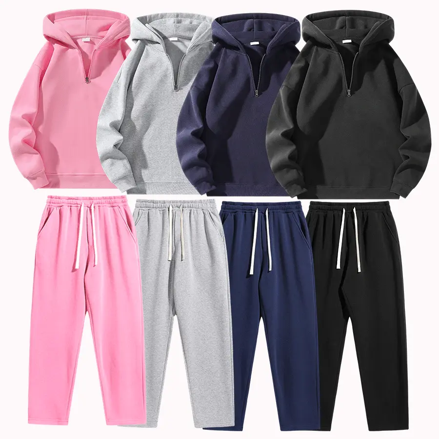 2026 new solid-color half-zip hooded sweatshirt set for men and women, loose fit with drawstring; two-piece casual sweatpants set available in multiple colors. Basic regular style with a drawstring waist on the pants—casual and versatile, suitable for eve