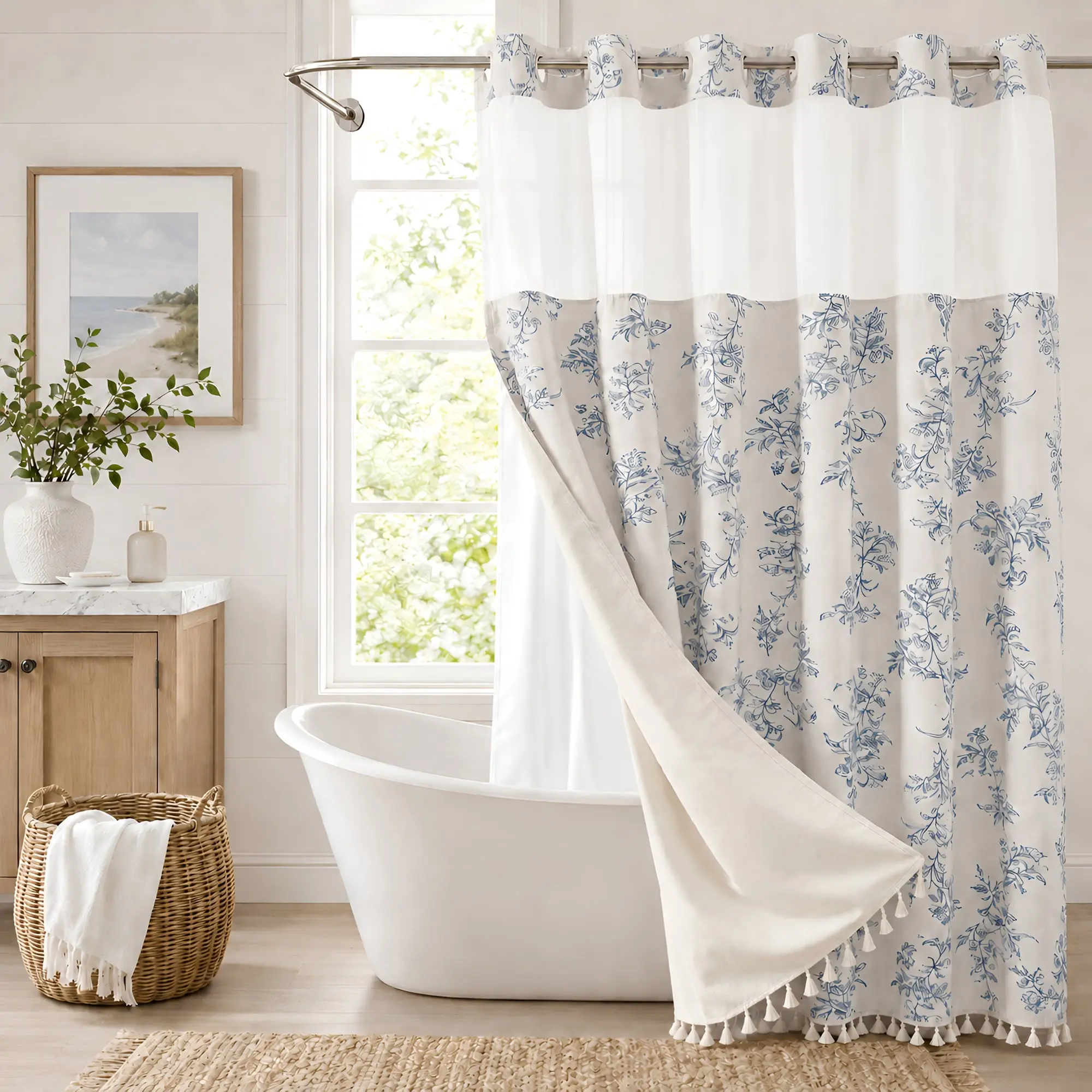 Dakimoe No-Hook Floral Faux Cotton Linen Shower Curtain with Snap-in Fabric Liner Set, Tassels & Sheer Window, Washable Waterproof, Ideal for Bathroom Luxury Decor, 71Wx74H