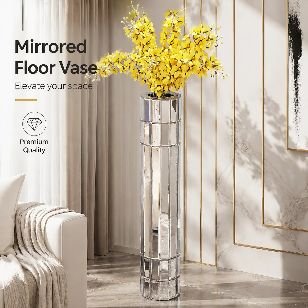 littleox 36.02"(91.5cm)Large Floor Vase, Silver Octagonal Mirror Vase, MDF and Glass, Perfect for Artificial Plants and Pampas Grass