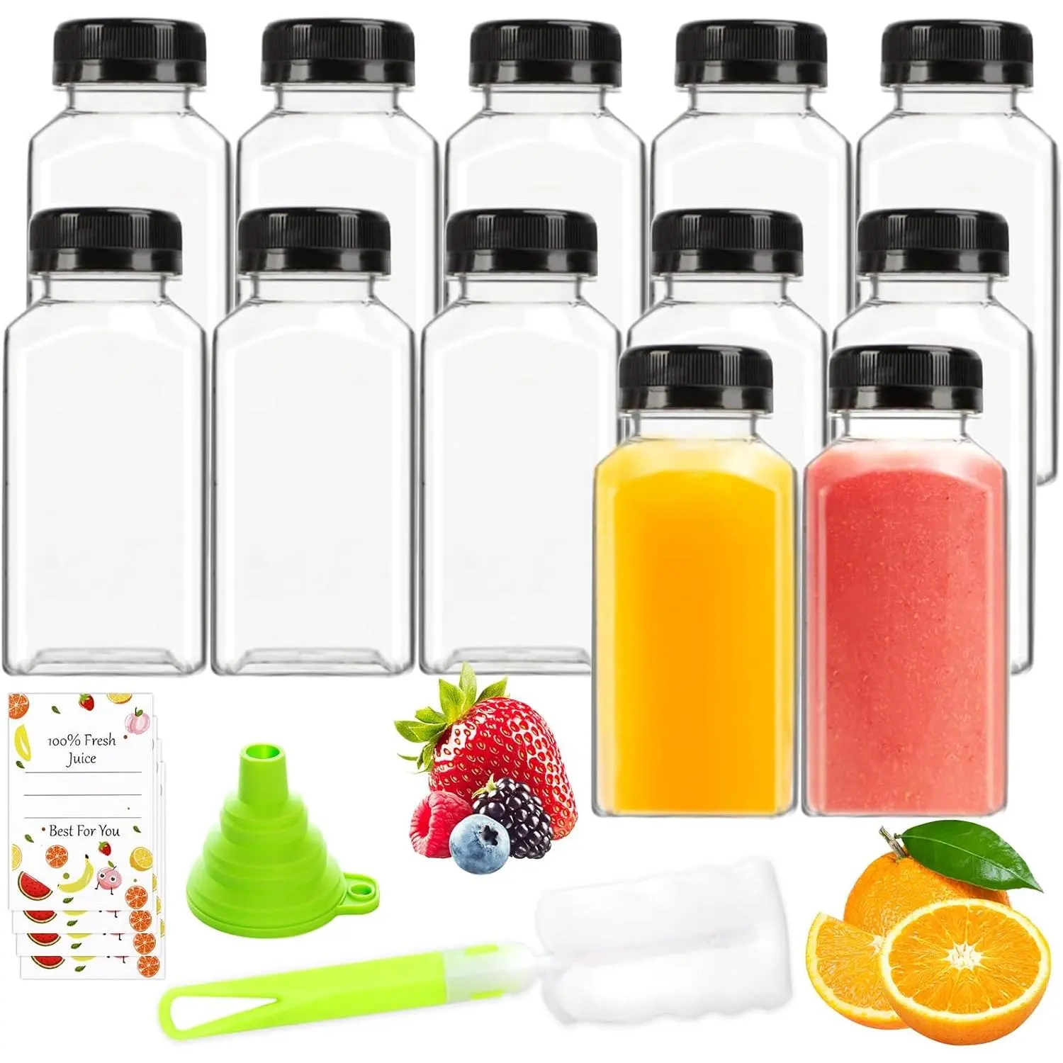 Juice Bottles - 8oz Bottles with Lids, 12 pcs Plastic Juice Containers with Caps Reusable Drink Containers for Juice Milk Coffee Water Smoothie and Other Beverages,Christmas gift