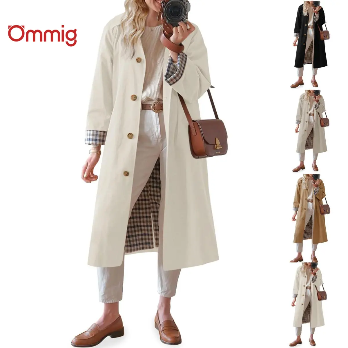Ommig Women's Bohemian Jackets, Casual Single-Breasted Long Sleeve Trench Coat with Plaid Lining, Chic Outerwear Tops, Basic, Single Button Jacket, Button Front, Windproof Coat