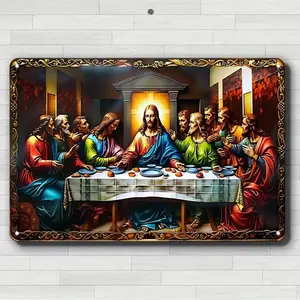 [Aluminum plate signboard]1pc Vintage Religious Last Supper Metal Wall Art - Jesus and Disciples Last Meal Decoration - Waterproof & Dustproof Large Table Setting with Golden Borders - for Home, Church, Bar, Farmhouse - Durable Indoor/Outdoor Decoration -