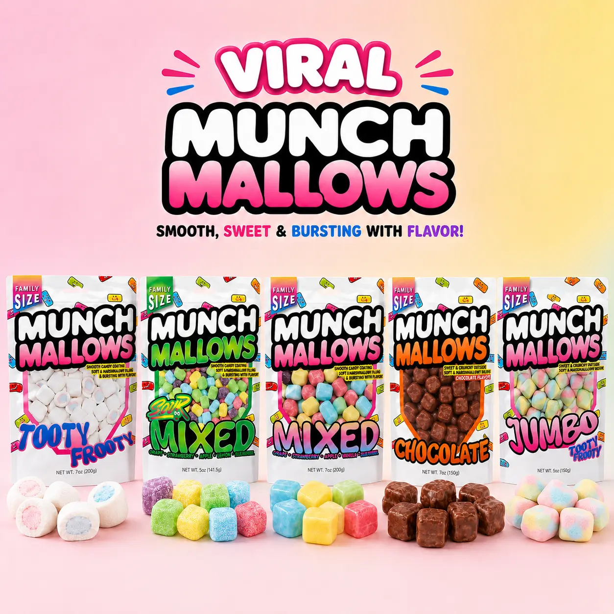 Viral Munch Mallows Fruity Candy Coated Snacks - Soft Fluffy Marshmallow Center, Smooth Crunchy Coating, Sour-Sweet Fruit Mix, Giftable Treat
