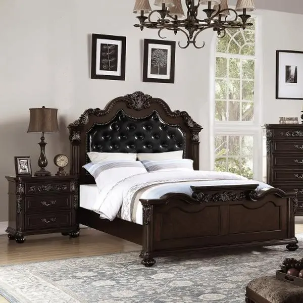 Bellemave 3pc Traditional Antique Cherry Queen Size Tufted Faux Leather Bed Set - Elegant Bed Frame with Round Leg Style, Headboard, 2 Nightstands, 200 lbs Capacity, Indoor Bedroom Furniture for Bedroom Decor, Queen Size Bed