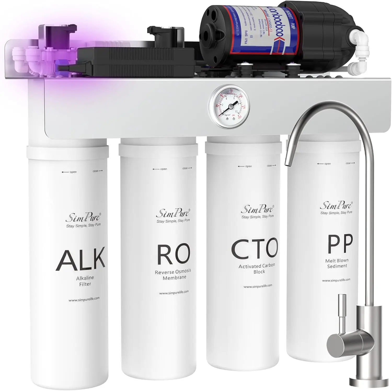 SimPure T1-400ALK Compact Alkaline Reverse Osmosis Waterfilter, NSF/ANSI 58 Certified, 400 GPD Tankless Under Sink System, pH+ Minerals Remineralization, BPA Free, Built-in Pump, Replacement Filters Set Compatible, Alkaline Filter