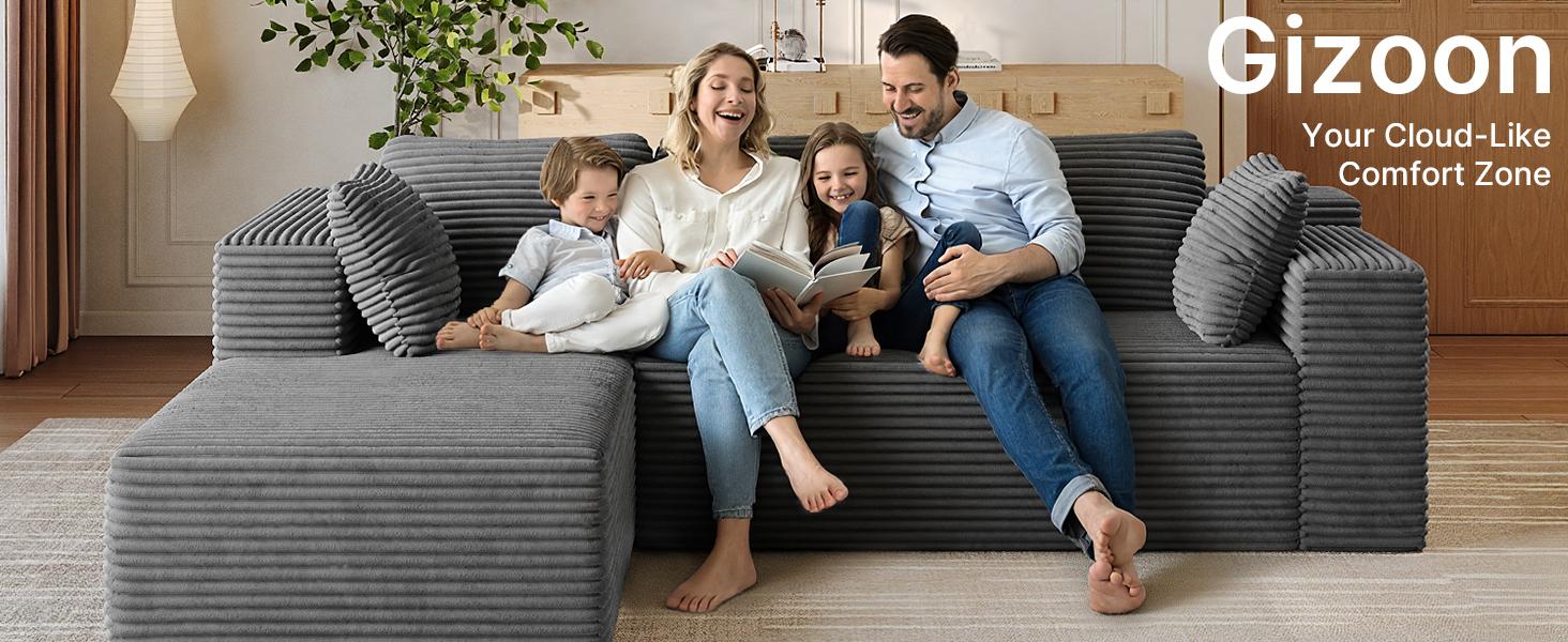 【2 Packages Shipping】Gizoon 105" Cloud Sectional Couch with L-Shape Chaise, Modular Boneless Sofa for Living Room, Upholstered Corduroy Couch with Deep Seat, No Assembly Required (Grey, Left Facing Chaise)