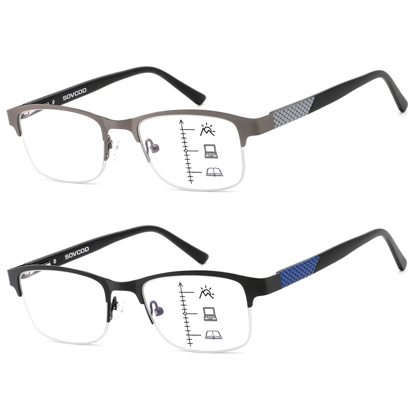 Men's 2-Pack Progressive Multifocus Rectangular Reading Glasses - Metal Half Frame, Blue Light Blocking Computer Readers, Men's Accessories, Rectangular Eyeglasses, Blue Light Glasses, Male, Aluminum, Computer Use, Multi-Pack, Semi Rimless