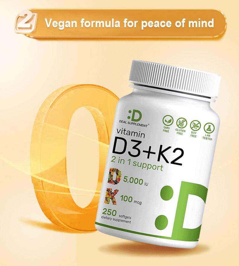 Deal Supplement Vitamin D3+K2 | Immune Support | Bone Health |  Healthcare Dietary | 250 Veggie Softgels Natural Flavors Gluten Free Effervescent Tablets Fitness Edible