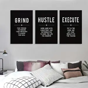 3-Pc 'Grind Hustle Execute' Framed Office Art Motivational Entrepreneur Posters Modern Success Quote Canvas Prints for Office Decor Wood Framed Ready-to-Hang Gift Hanging Ornaments Room Decoration Artistic Cool Design Wall Photo
