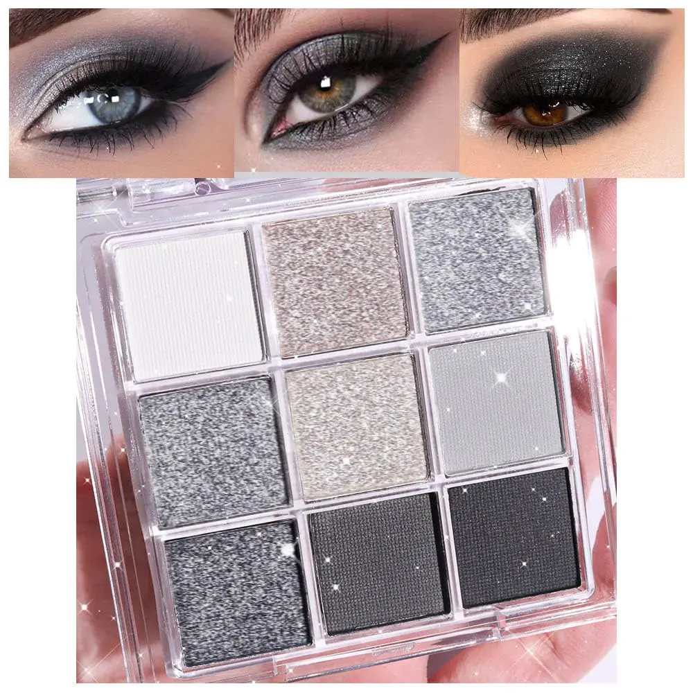 9 Colors Silver Gray Glitter Eyeshadow Palette, Black Smokey Grey and Silver White Sparkle Glitter Shimmer Shiny Eye Shadow Palette Makeup kit for older Women, High Pigment Waterproof eyeshadow