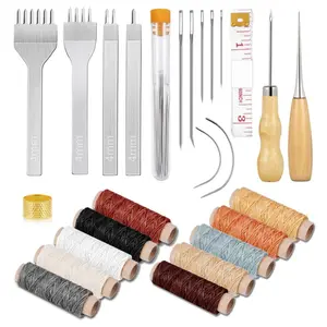 35 Pcs Leather Stitching Sewing Kit,Sewing Tools Kit with 4mm Lacing Stitching Chisel, Waxed Thread and Large-Eye Needles for Leather Craft Projects DIY Sewing Work - Home Improvement.