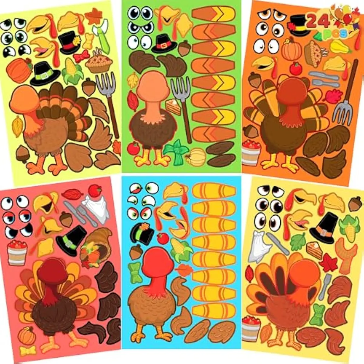 24 Pcs Thanksgiving Make A Face Sticker, Decoration Make Your Own Arts & Crafts Turkey Stickers, Thanksgiving Decoration Craft Kit for Kids School Activities Party Favor Supplies