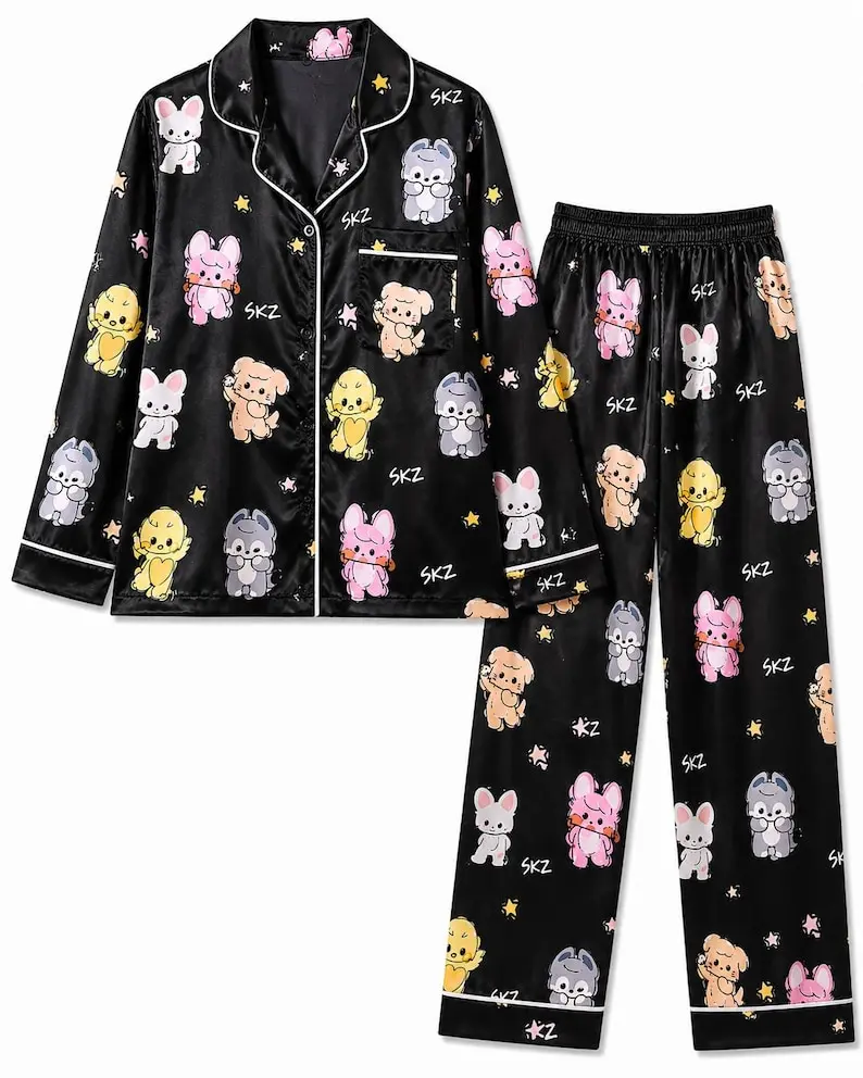 Kawaii Cartoon Satin Pajama Set, Cute Idol Concert Inspired Silky Sleepwear, Long Sleeve Lounge, Fan Gift for Adults, World Tour Kpop