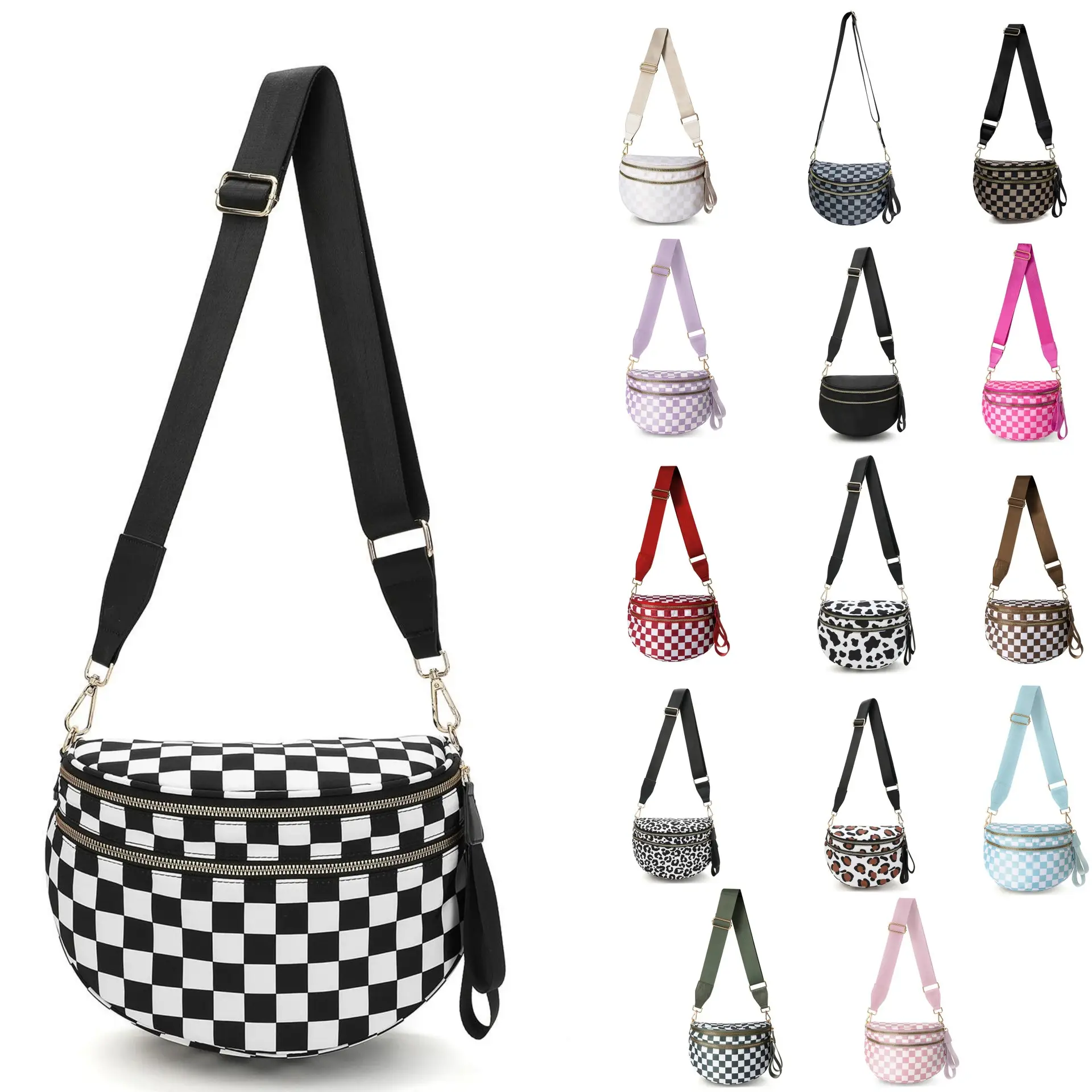 2025 Model Black and White Checkered Nylon Bum Bag Crossbody Plus Size Friendly Spacious for Essentials Great Gift Multiple Colors
