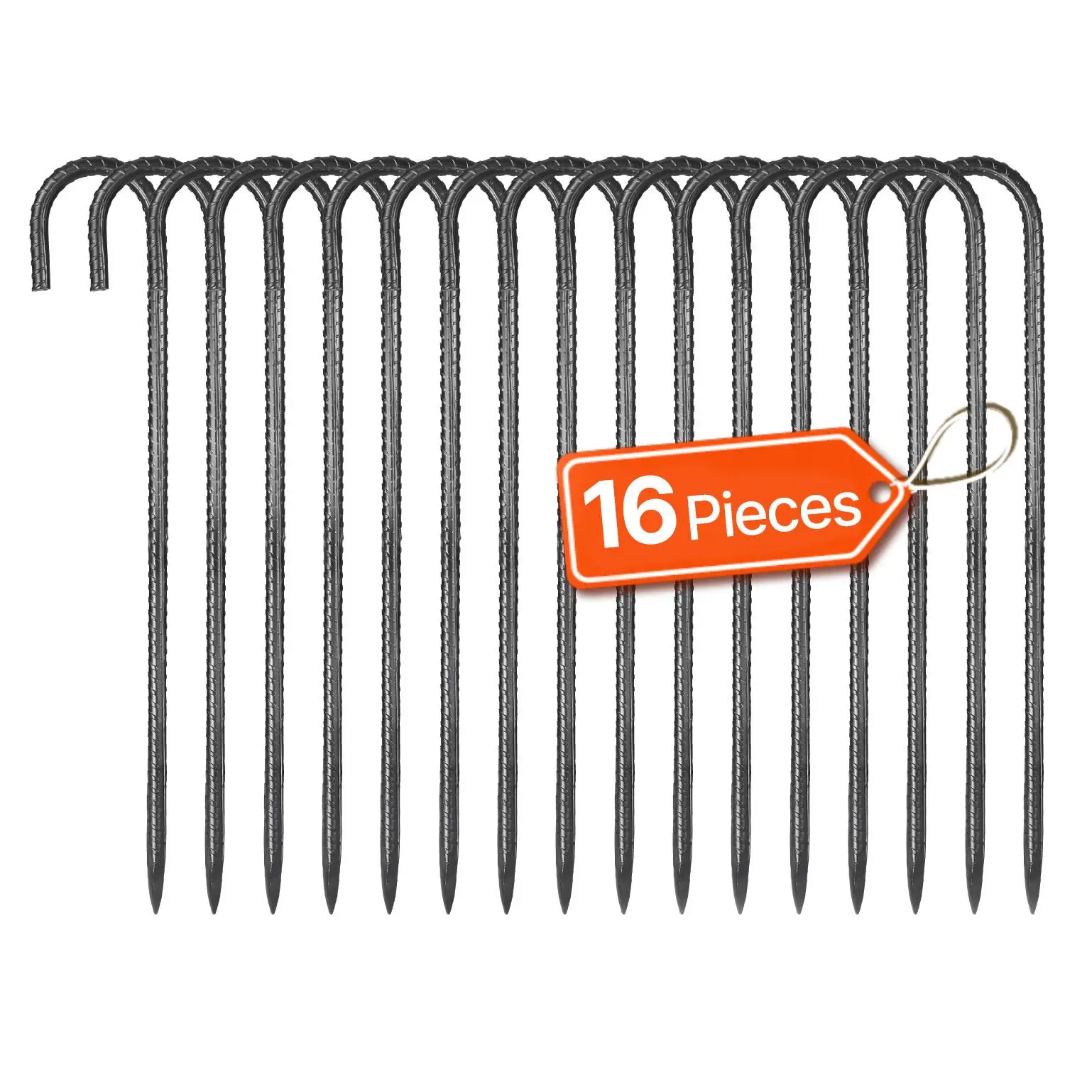VEVOR Galvanized Steel J-Hook Rebar Stakes 16-Pack, 16-in 0.4-in Diameter Ground Anchors with Chisel Point End & Rust-Resistant Coating, for Trampolines, Soccer Goals, Decoration (Deep Penetration Design)#BackToSchool