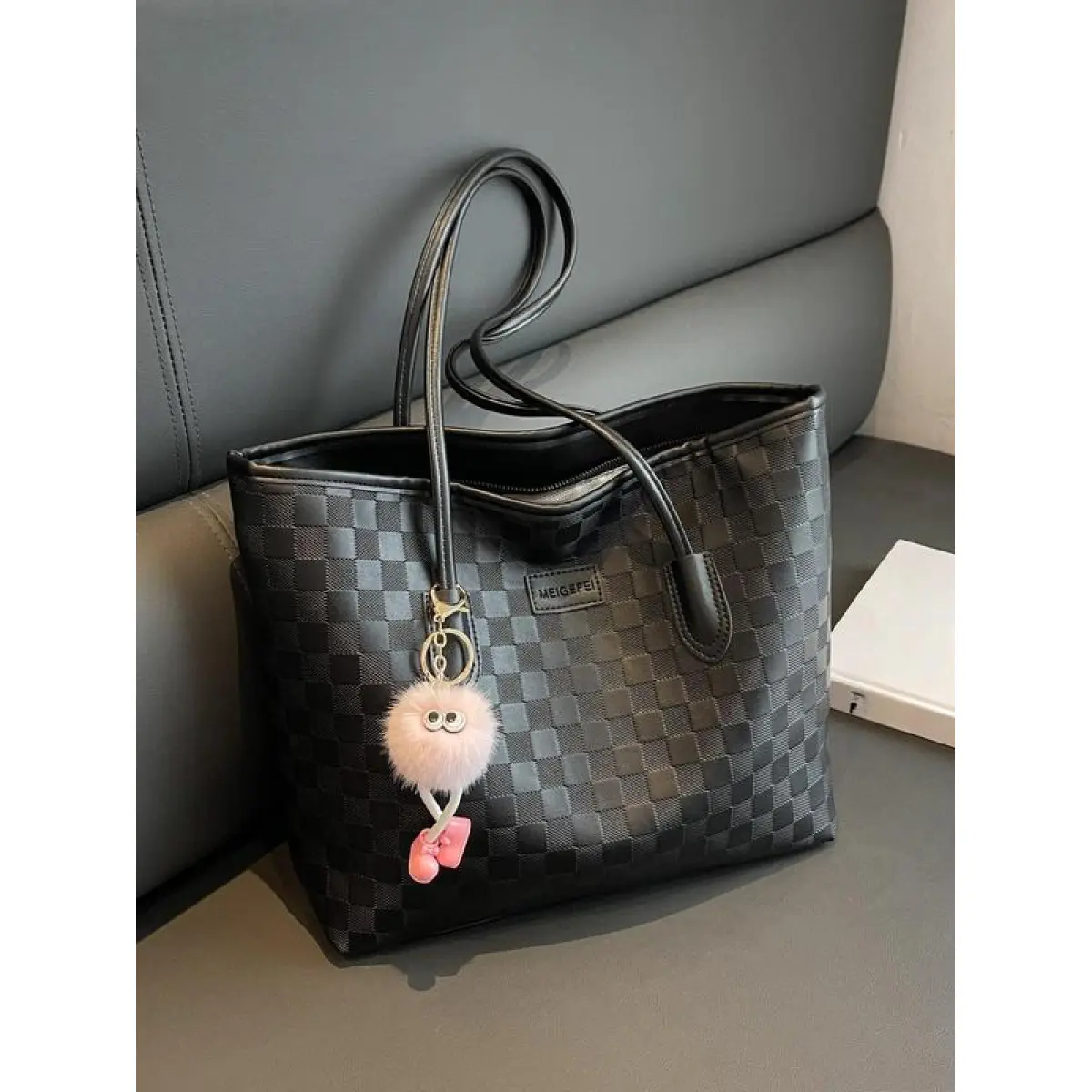 Plaid PU Leather Tote Bag for Women, Large Capacity Casual Commuter Bag with Double Handles and Pendant Charm, Tote Bags