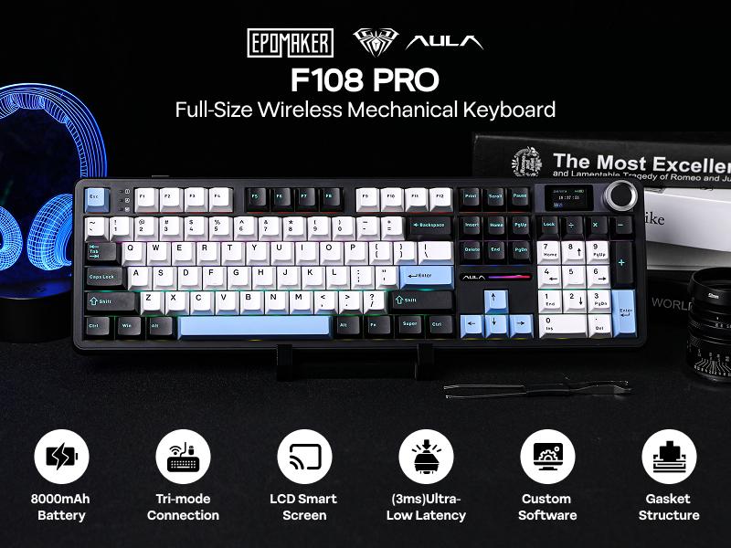 EPOMAKER X AULA F108 PRO Full Size 100% Mechanical Keyboard Customizable 1.14inch LCD Screen Convenient Knob South-Facing RGB Backlight Hot-Swap Tri-Mode USB-C/BT 5.0/2.4GHz thocky creamykeyboards gaming accessories creamy keyboard TikTokShopSpringGlowUp