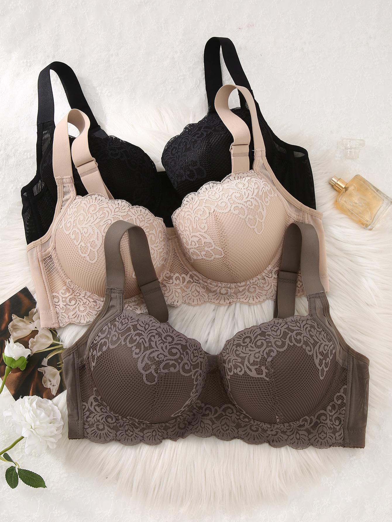 Mimilemon 2PC  Plus Size Lace Push up Bra Comfort Padded Underwire Smoothing Wide Strap Full Coverage Minimizer T-shirt Bra Elegance Chic Womenswear Everyday Everyday Everyday