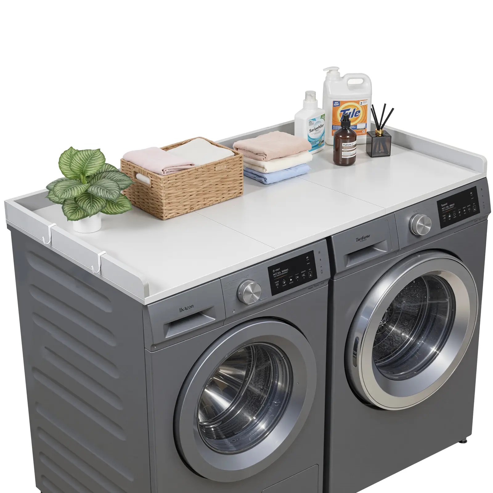VEVOR Countertop Washer-Dryer Topper, 54x27.5 in Water-Resistant Smooth Wooden Topper with Edge & 2 Hooks, Household Items for Bathroom & Laundry Room Organization-Storage, Gray Decor Room Decor Cleaning Appliance