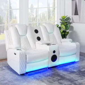 Deluxe Theater Style Motion Loveseat with LED Lights White/Air Leather