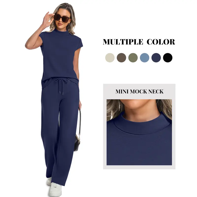 Casly Lamiit Women's 2-Piece Soft Matching Loungewear Set - Lady's Minimalist Mock Neck Short Sleeve Top, Wide Leg Drawstring Pants, Light Breathable Fabric, Cap-Ready Summer Travel Basics