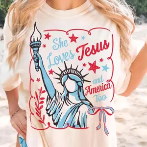 She Loves Jesus and America Too TShirt Patriotic Christian Faith Tee Woman God Country Love Freedom Statue of Liberty USA Pride Womens Gift Idea Summer Holiday Shirt
